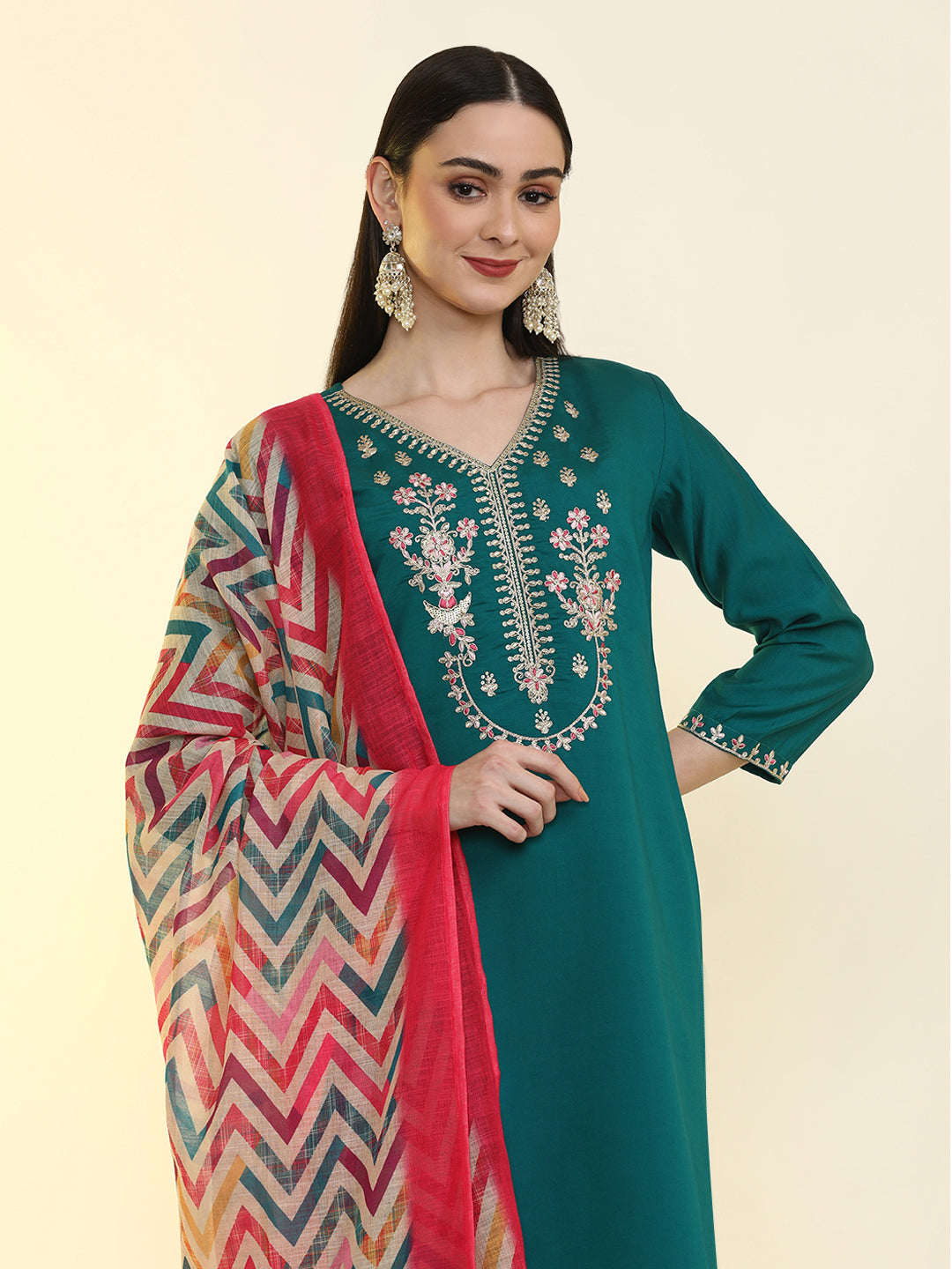 Solid Embroidered Straight Kurta & Trousers Sets