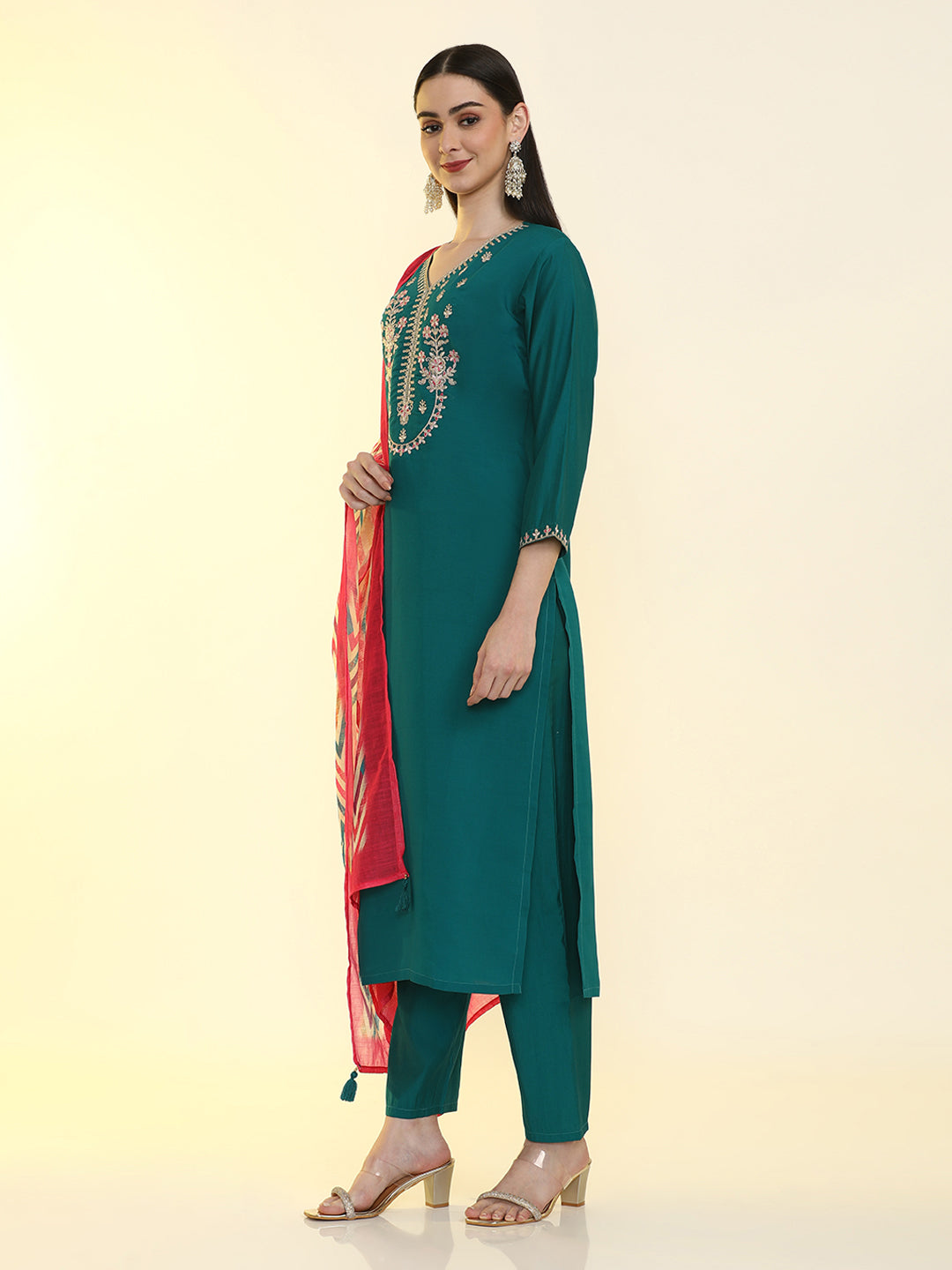 Solid Embroidered Straight Kurta & Trousers Sets