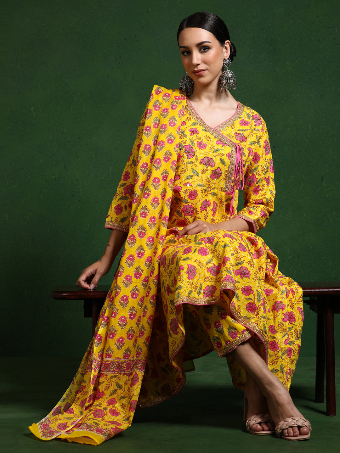 Floral Embroidered A-Line Pure Cotton Kurta & Trousers Sets