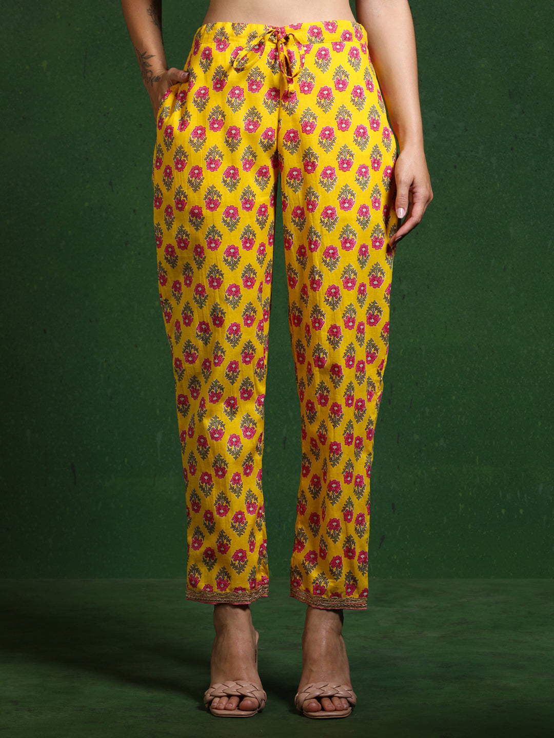 Floral Embroidered A-Line Pure Cotton Kurta & Trousers Sets