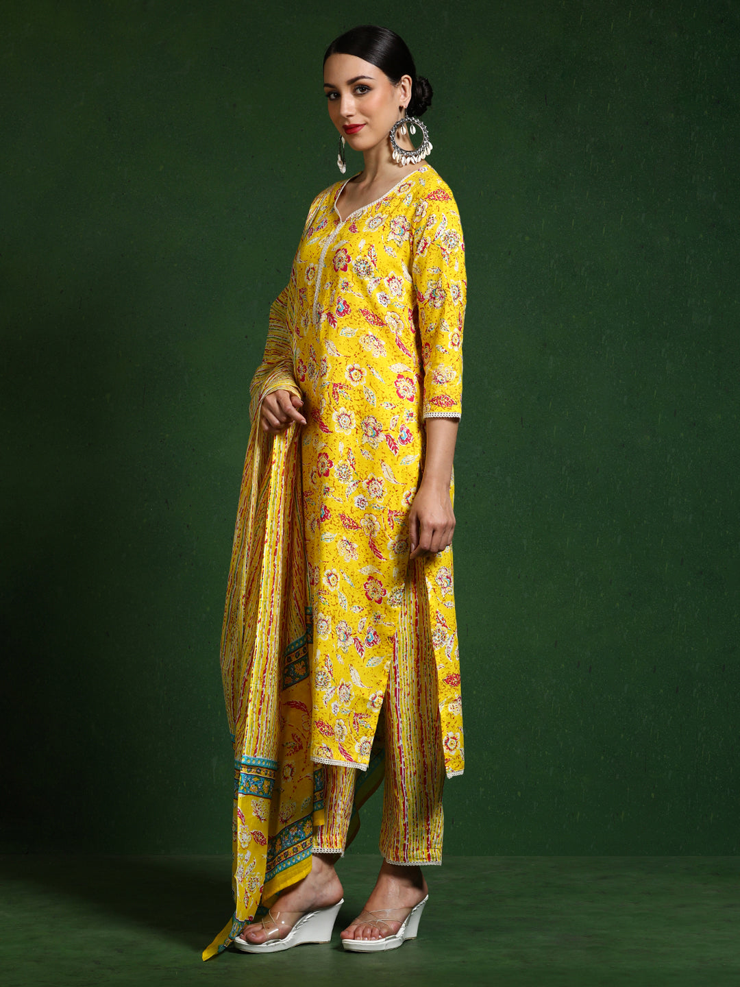 Floral Embroidered A-Line Pure Cotton Kurta & Trousers Sets