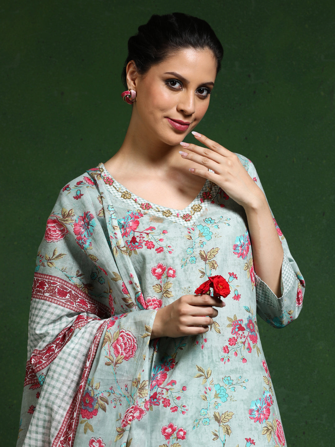 Floral Embroidered A-Line Pure Cotton Kurta & Patiala Sets
