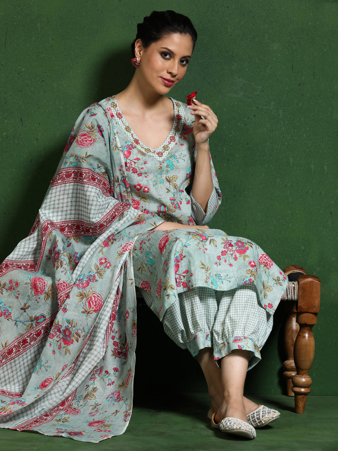 Floral Embroidered A-Line Pure Cotton Kurta & Patiala Sets