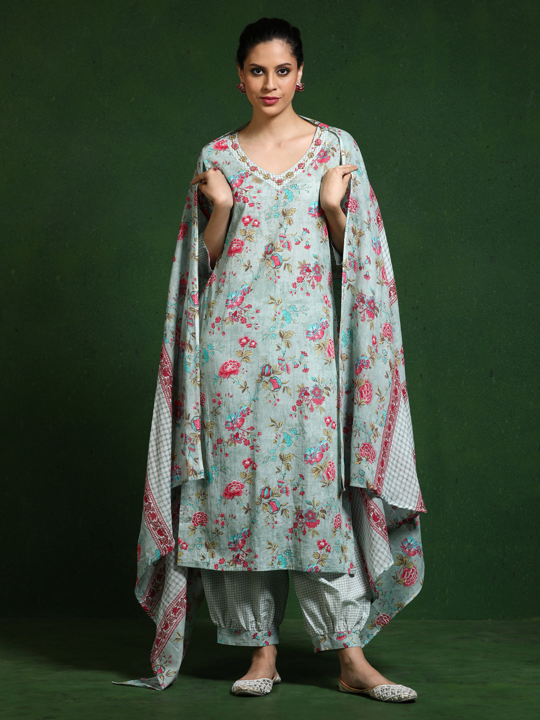 Floral Embroidered A-Line Pure Cotton Kurta & Patiala Sets