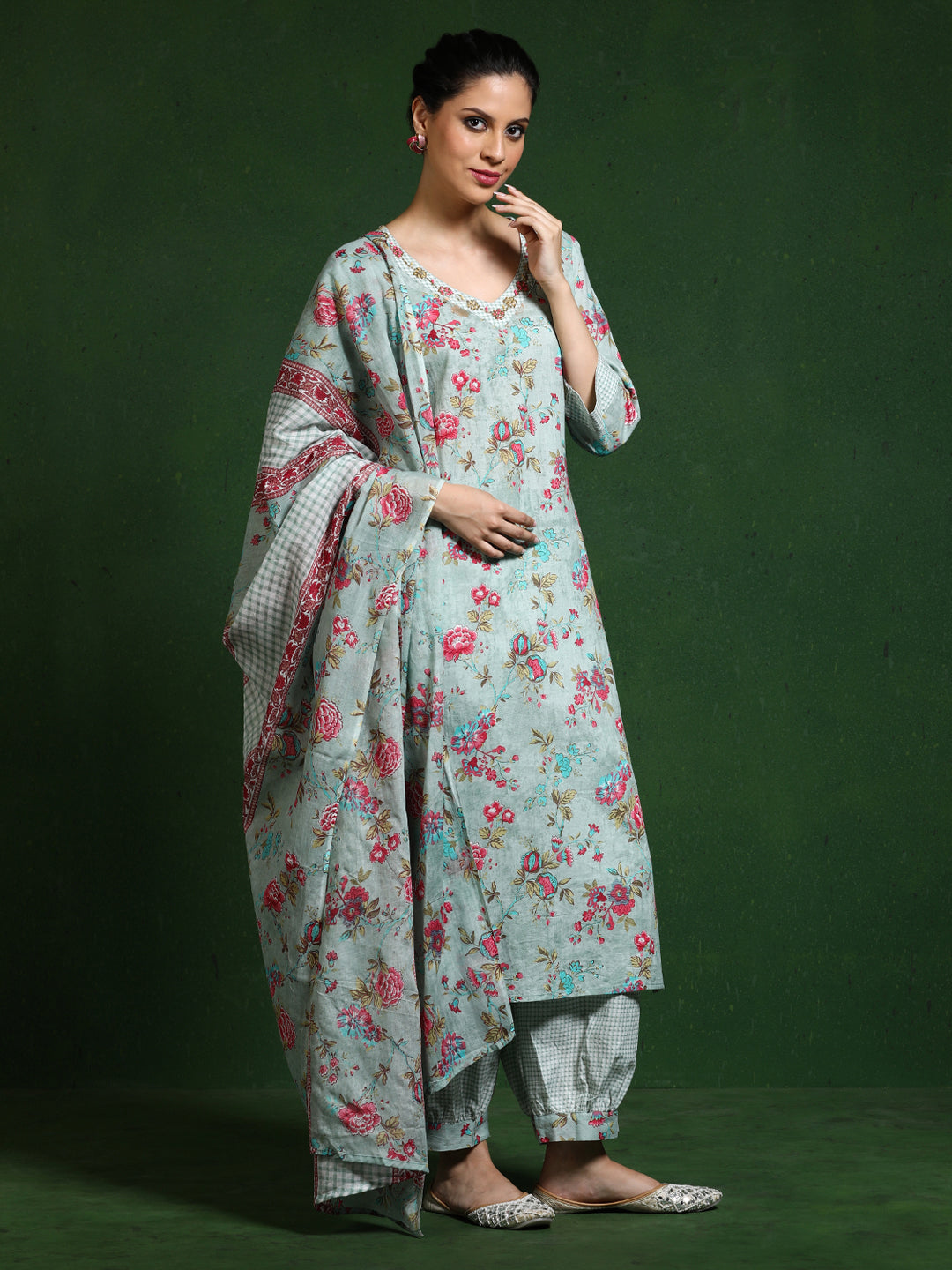 Floral Embroidered A-Line Pure Cotton Kurta & Patiala Sets