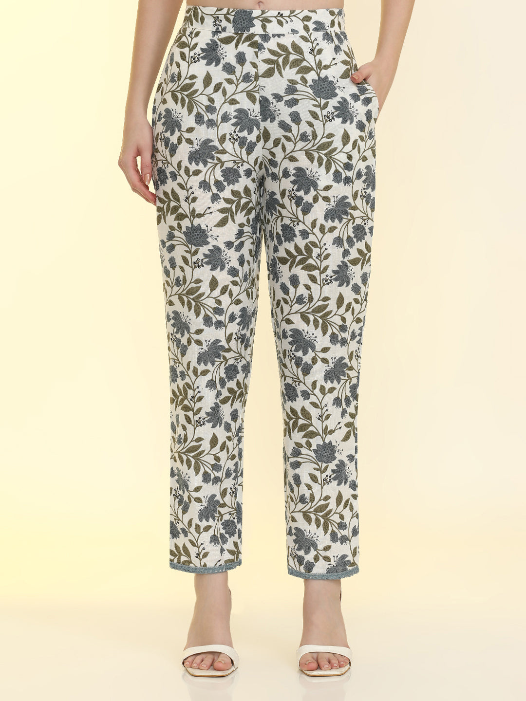 Floral Printed Cotton Blend Straight Kurta with Trousers