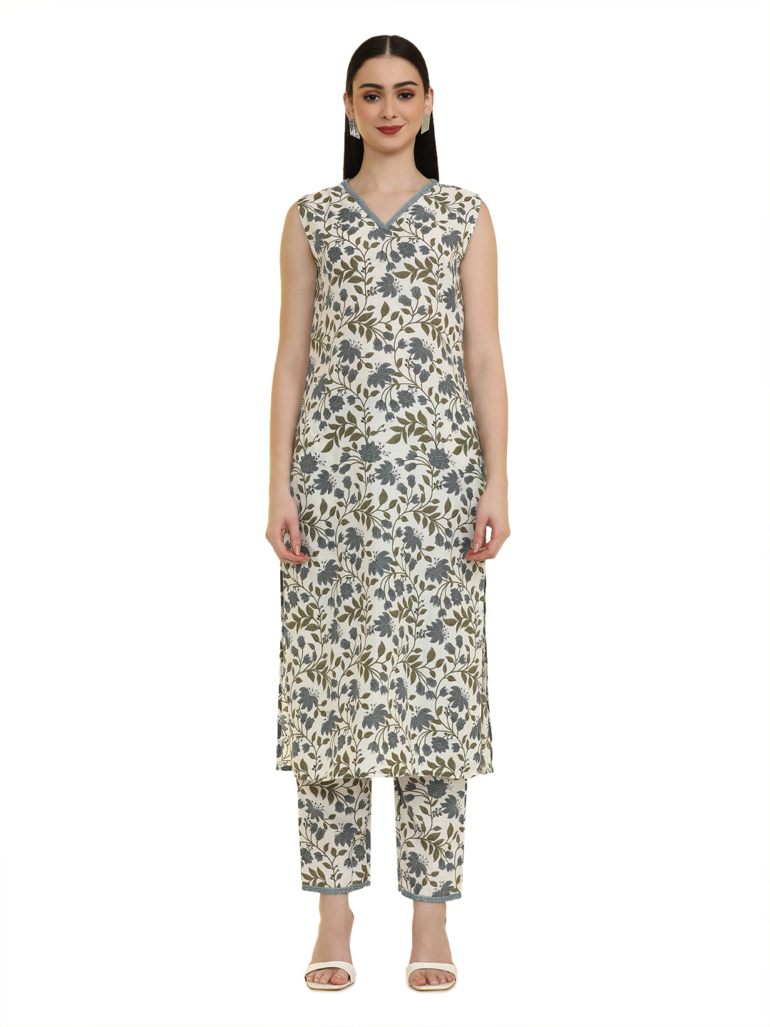Floral Printed Cotton Blend Straight Kurta with Trousers