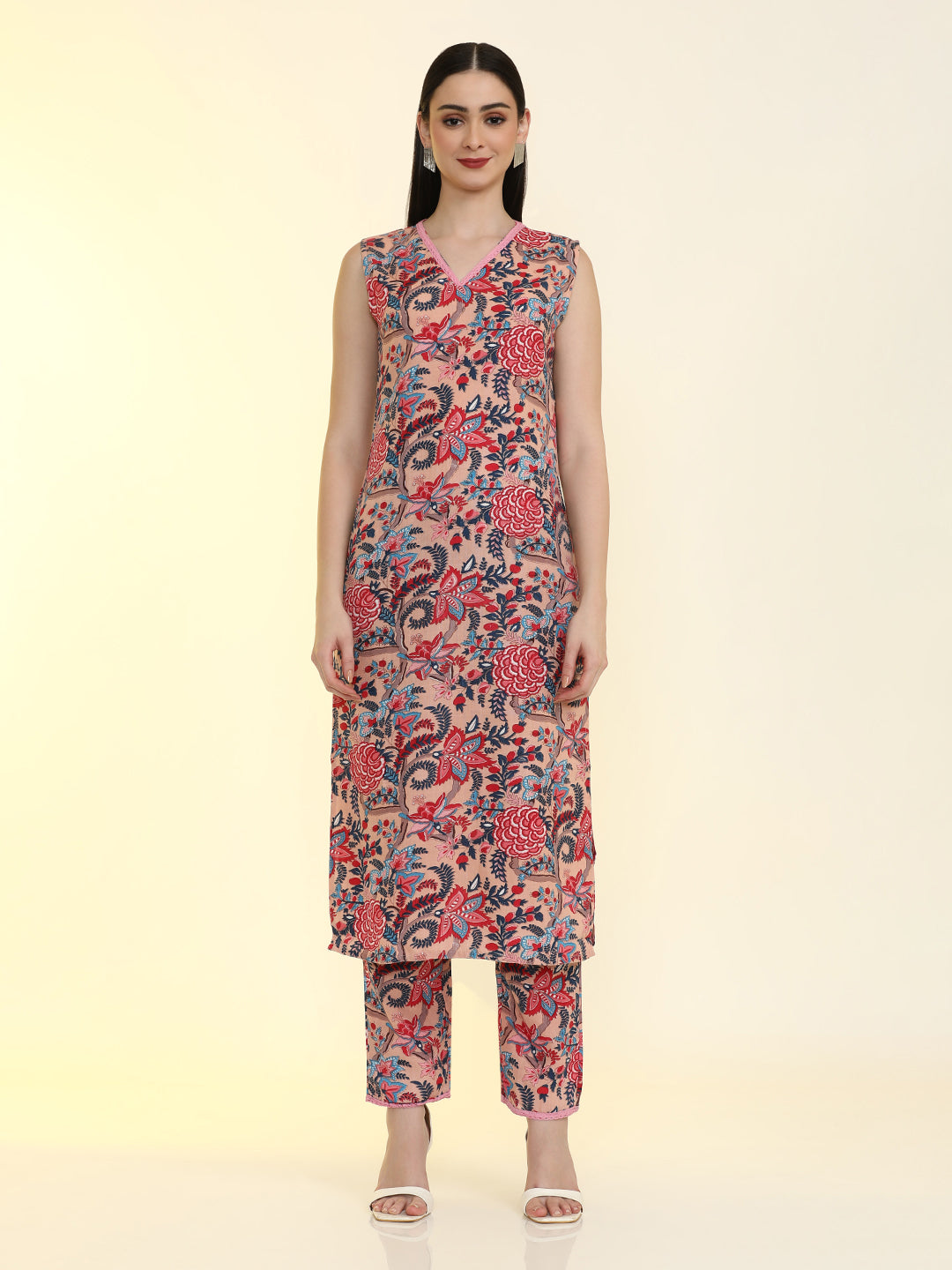 Floral Printed Cotton Blend Straight Kurta with Trousers