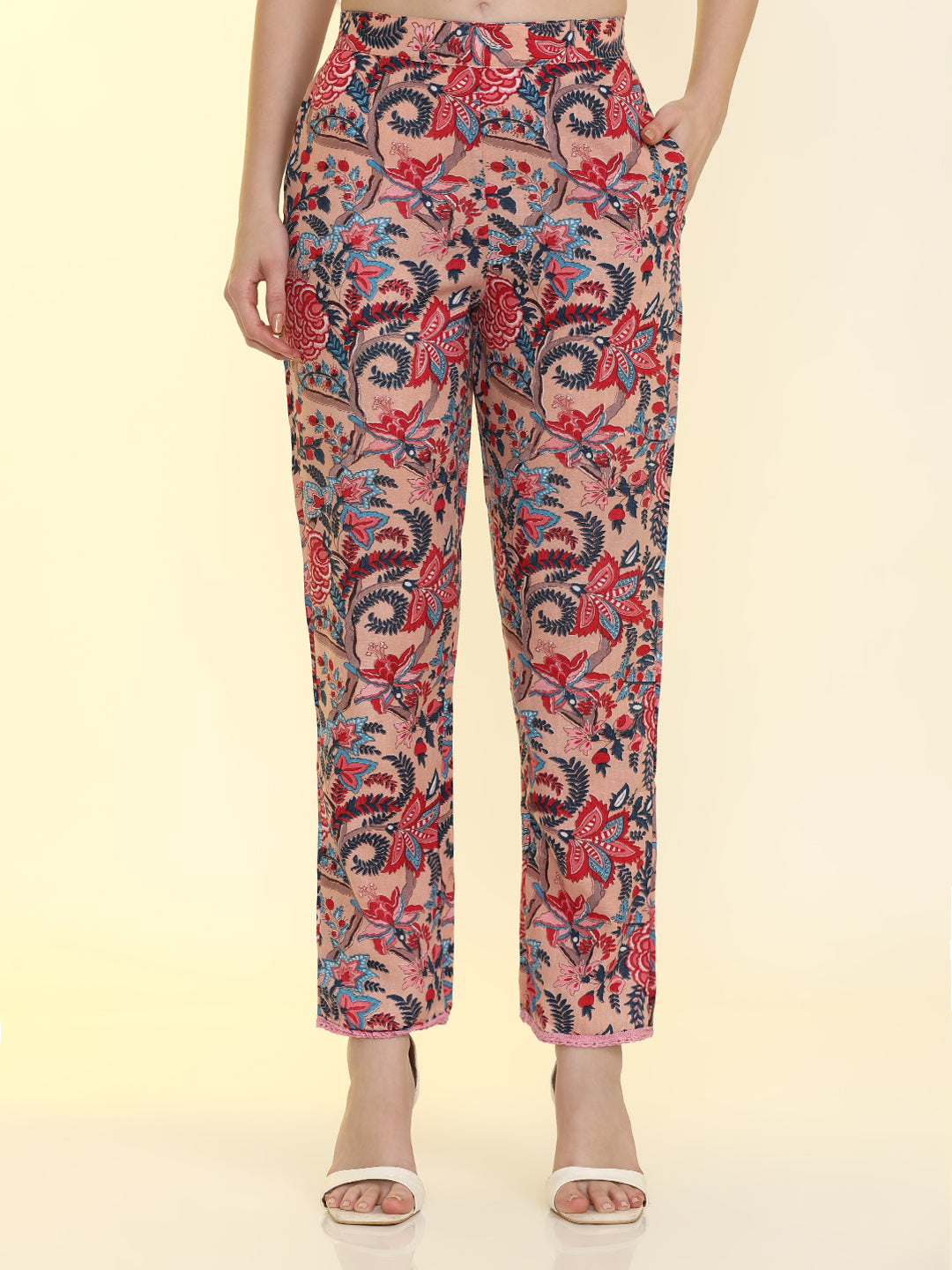 Floral Printed Cotton Blend Straight Kurta with Trousers