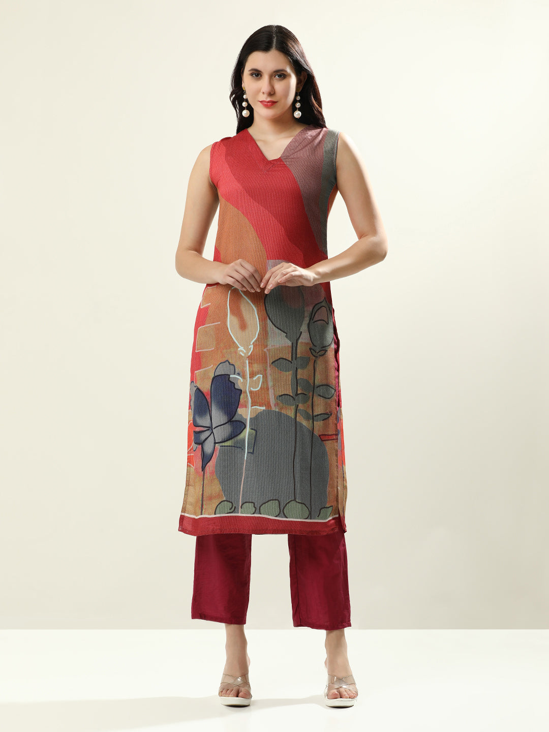 Floral Printed Straight Sleeveless Kurta