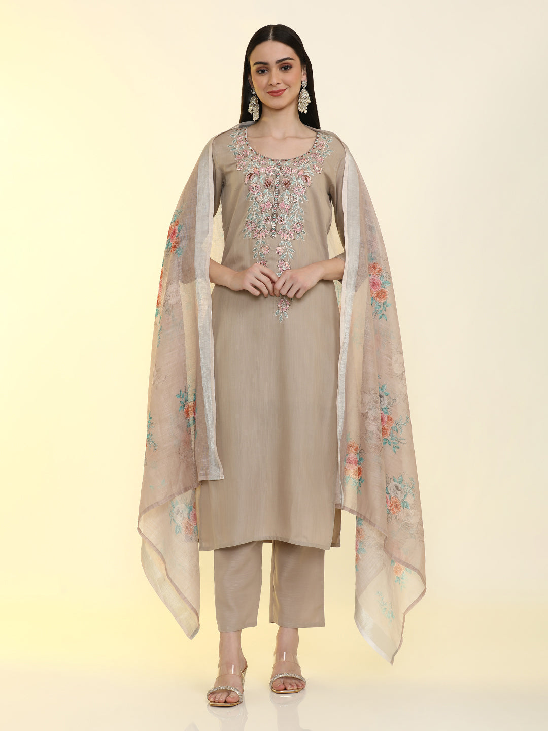 Floral Embroidered Cotton Blend Straight Kurta & Trousers Sets