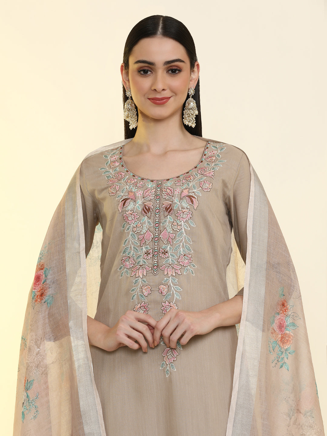 Floral Embroidered Cotton Blend Straight Kurta & Trousers Sets