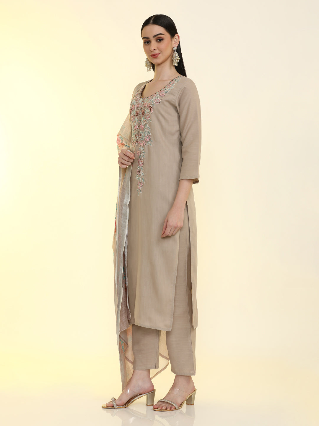 Floral Embroidered Cotton Blend Straight Kurta & Trousers Sets