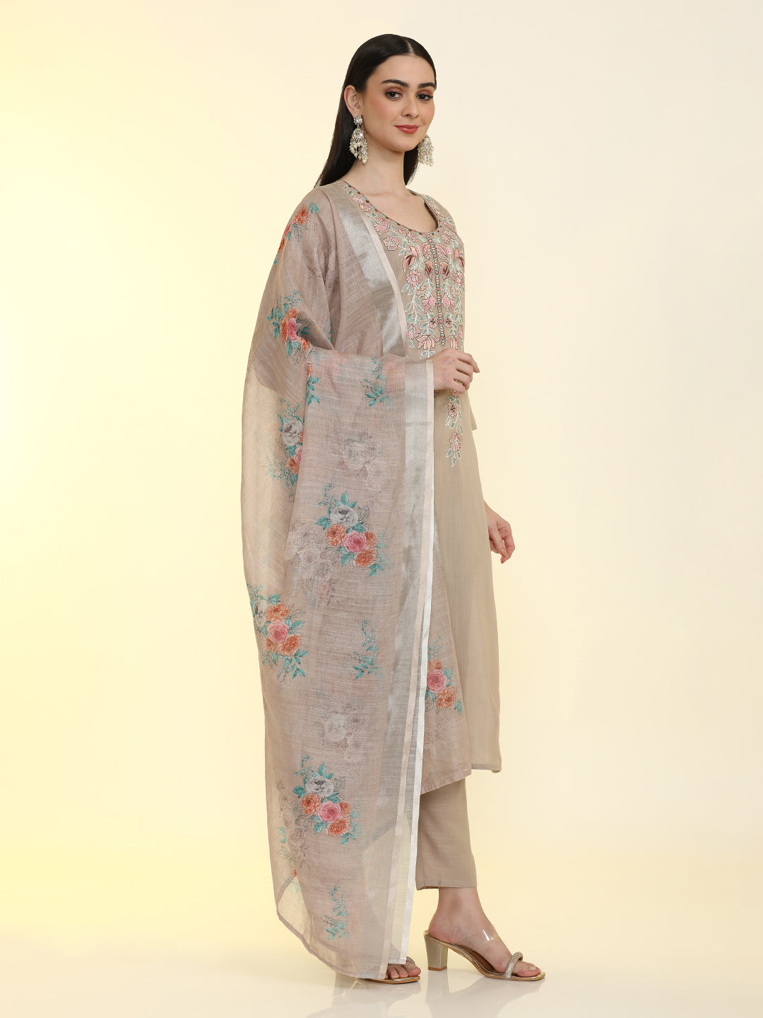 Floral Embroidered Cotton Blend Straight Kurta & Trousers Sets