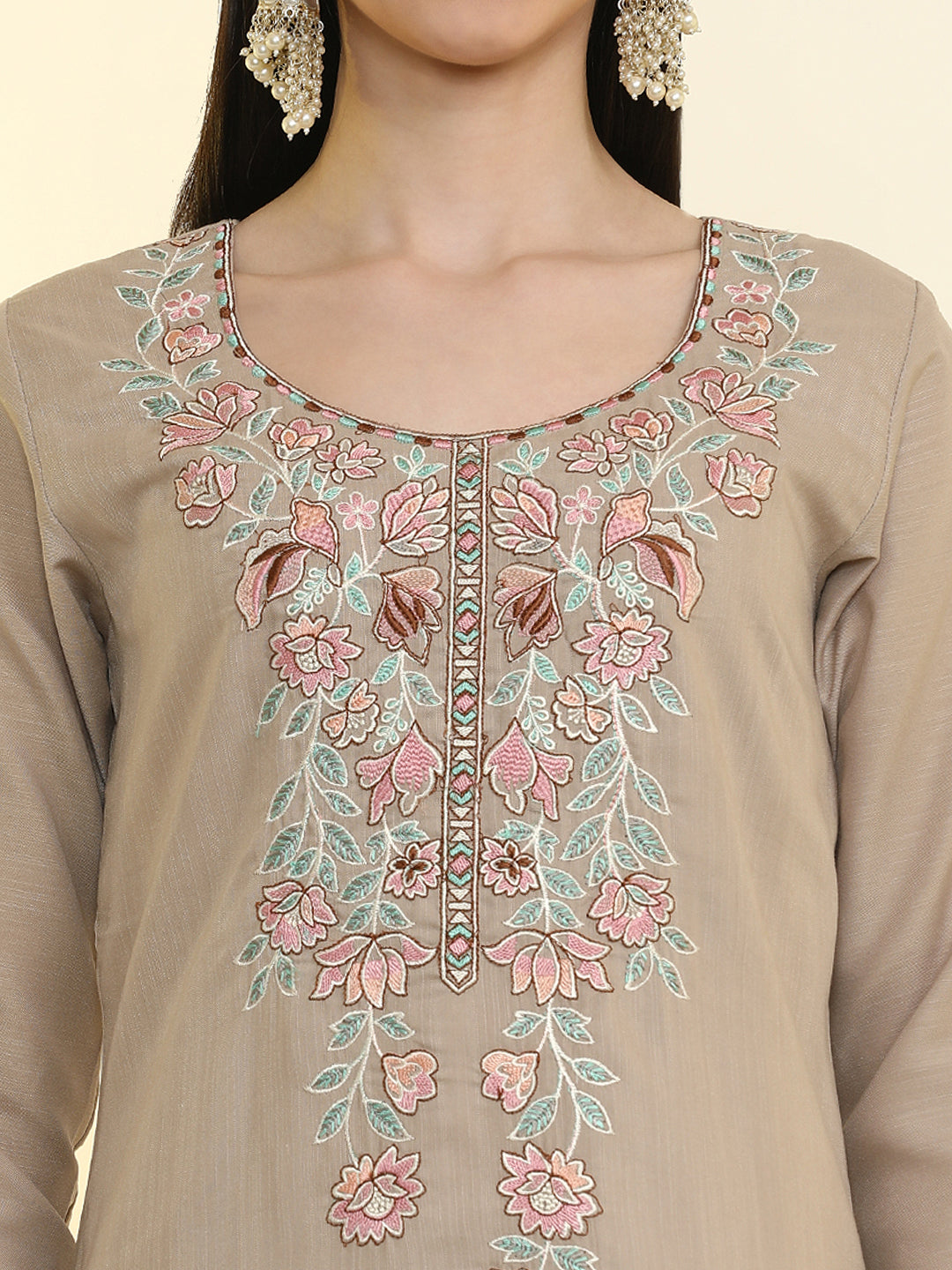 Floral Embroidered Cotton Blend Straight Kurta & Trousers Sets