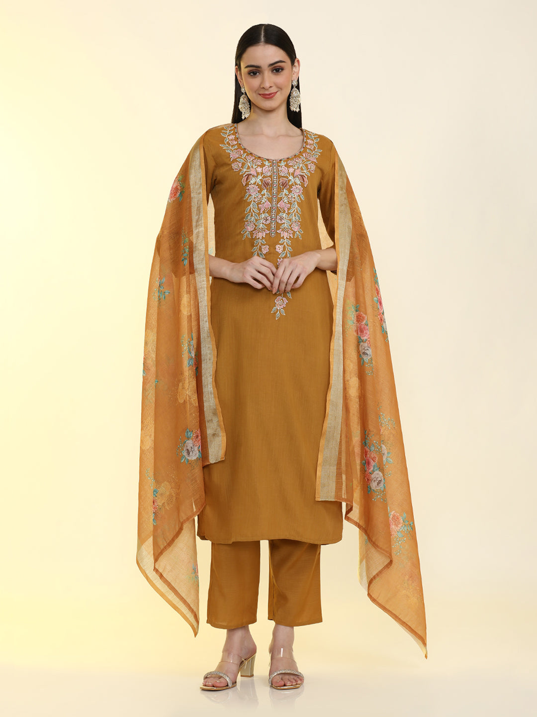 Floral Embroidered Cotton Blend Straight Kurta & Trousers Sets