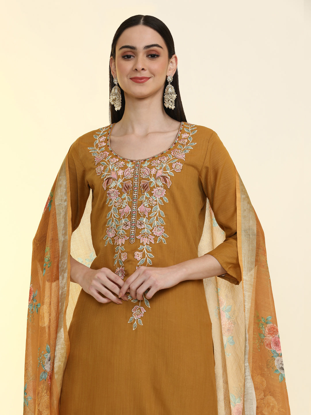 Floral Embroidered Cotton Blend Straight Kurta & Trousers Sets