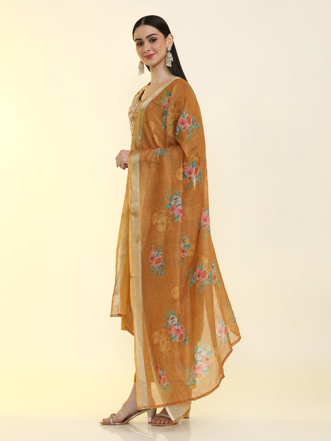 Floral Embroidered Cotton Blend Straight Kurta & Trousers Sets