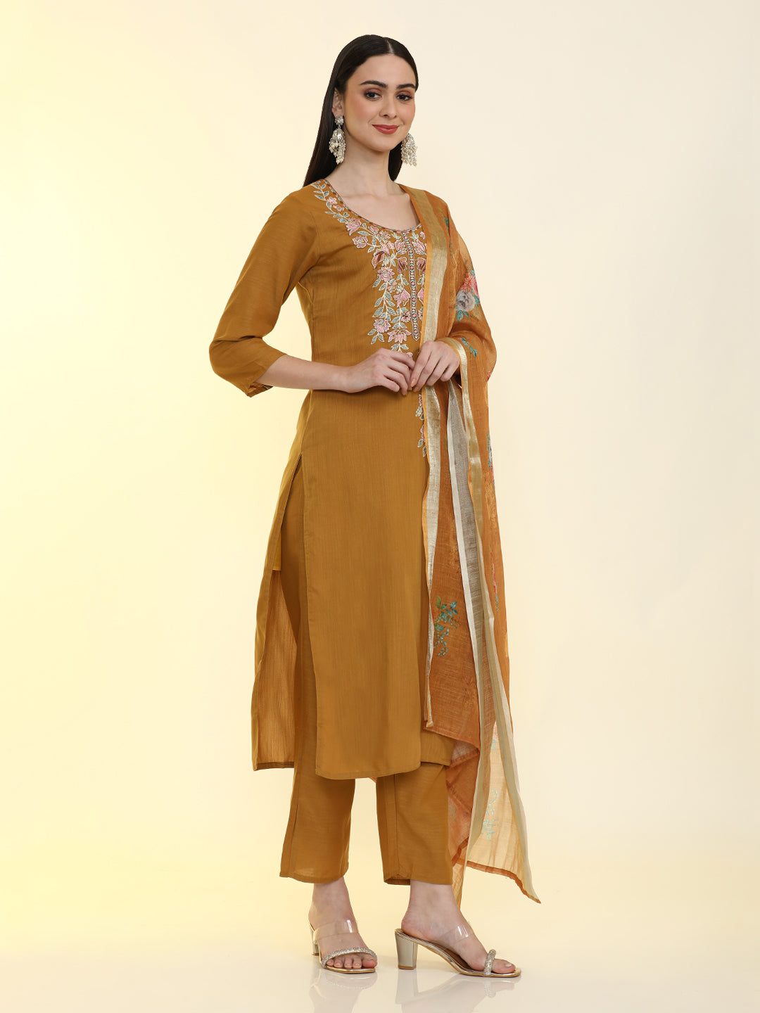 Floral Embroidered Cotton Blend Straight Kurta & Trousers Sets