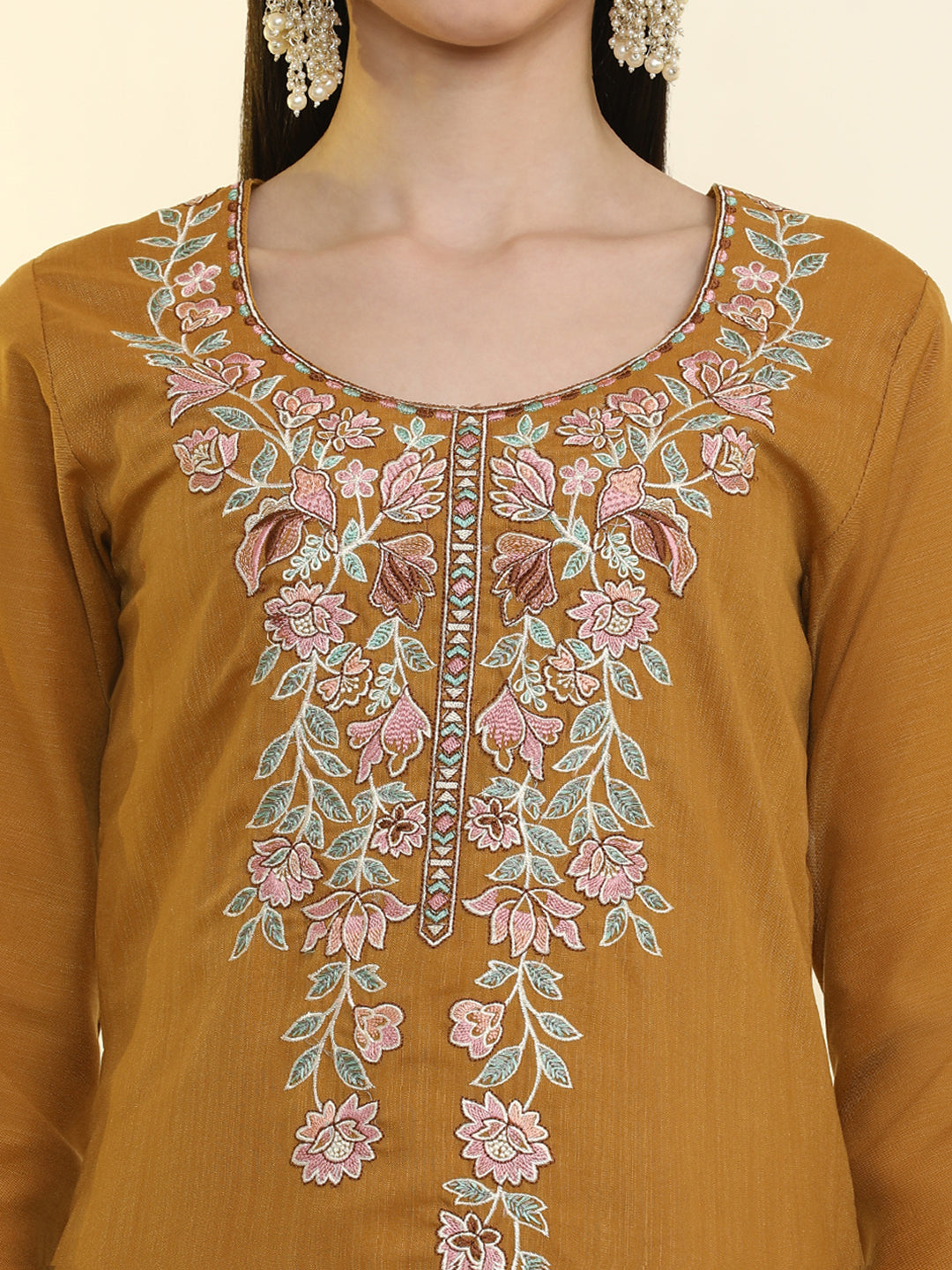 Floral Embroidered Cotton Blend Straight Kurta & Trousers Sets