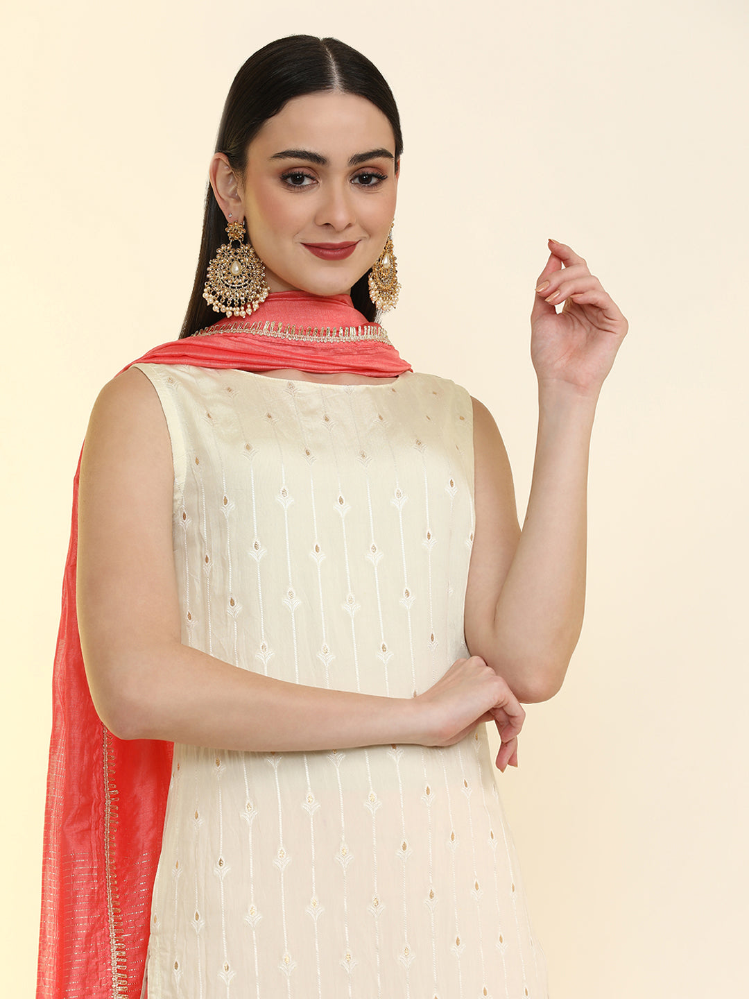 Floral Embroidered Silk Blend Straight Kurta & Trousers Sets