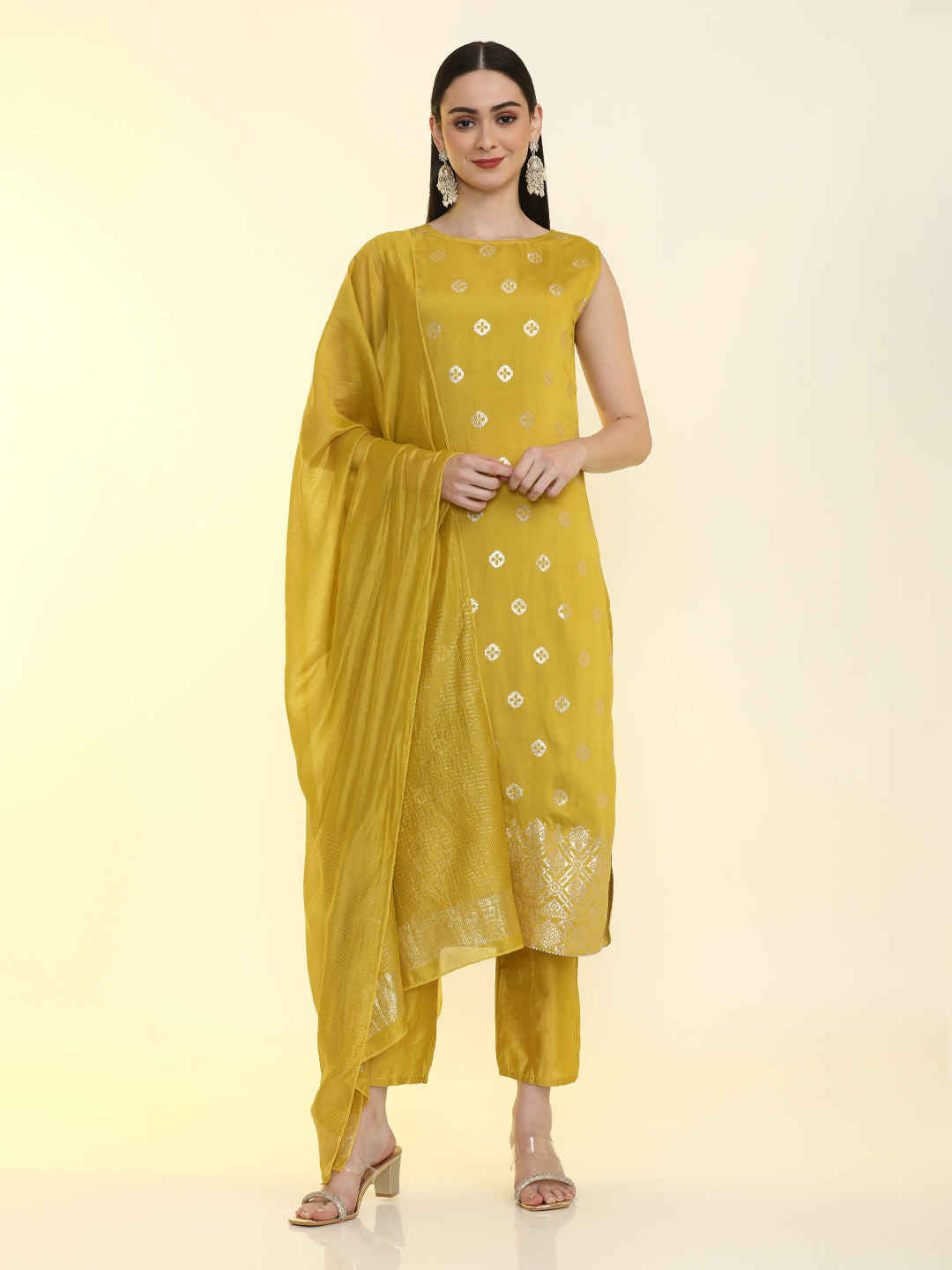 Geometric Embroidered Silk Blend Straight Kurta & Trousers Sets