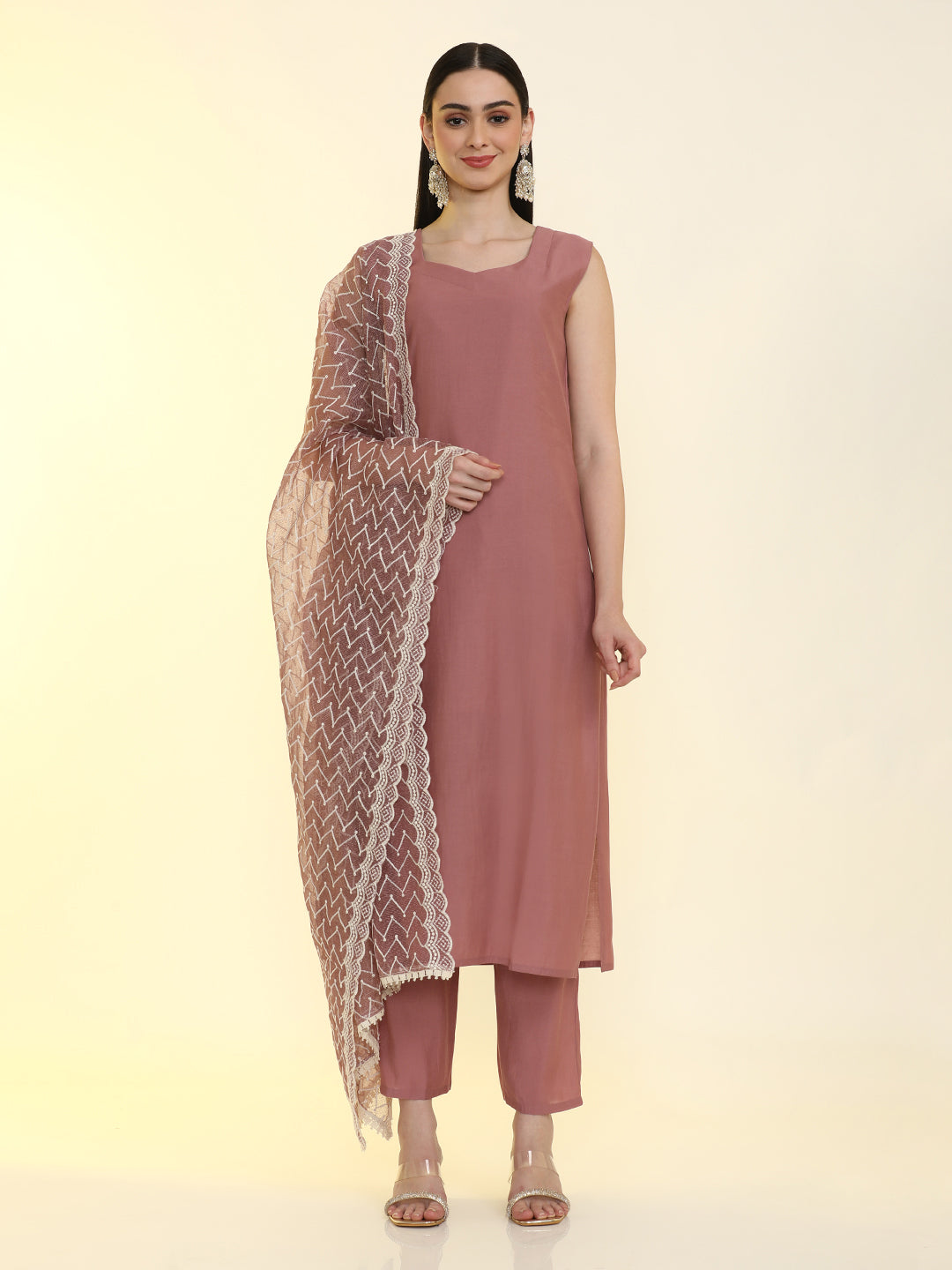 Solid Straight Silk Blend Straight Kurta & Trousers Sets