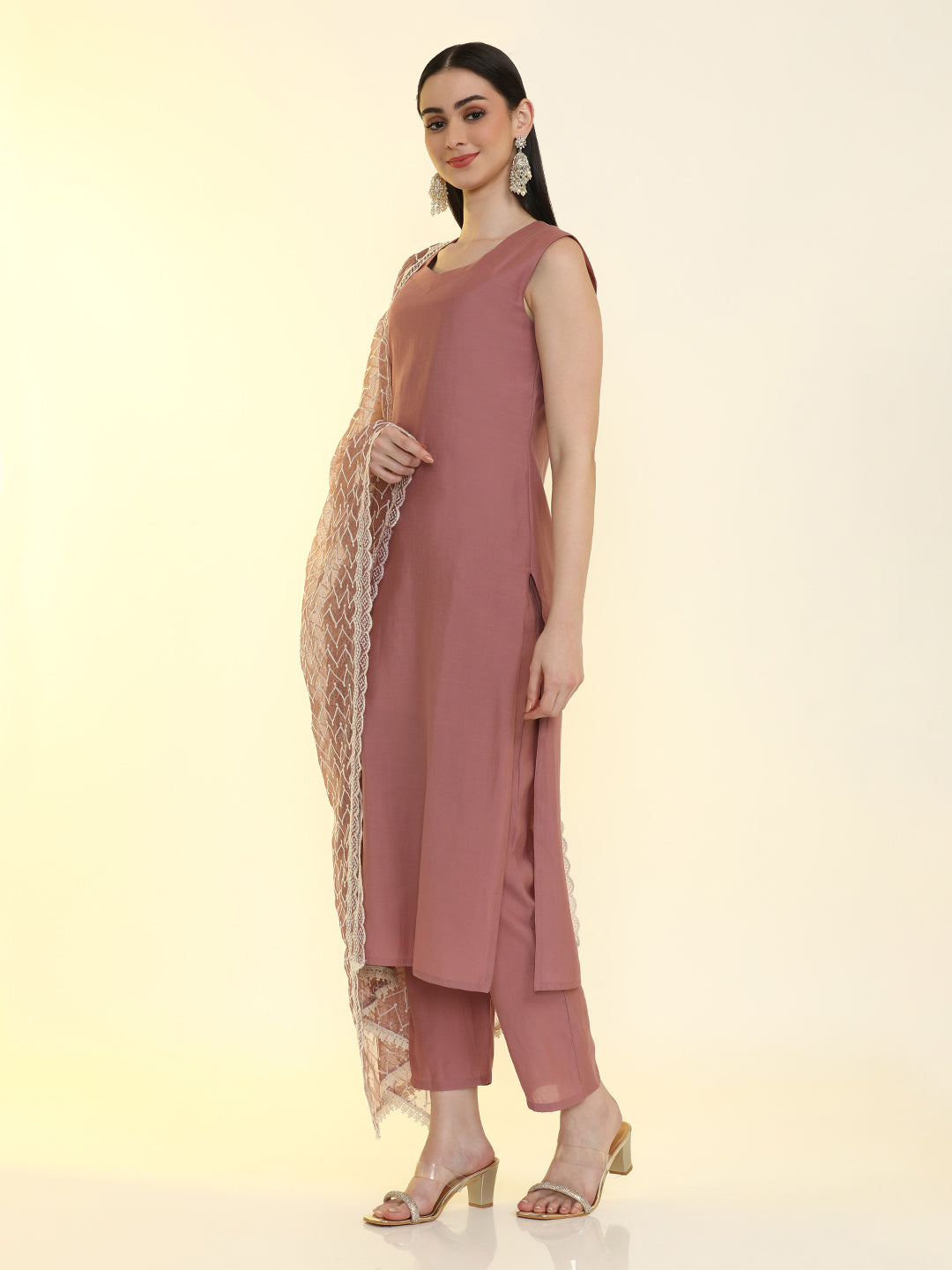 Solid Straight Silk Blend Straight Kurta & Trousers Sets