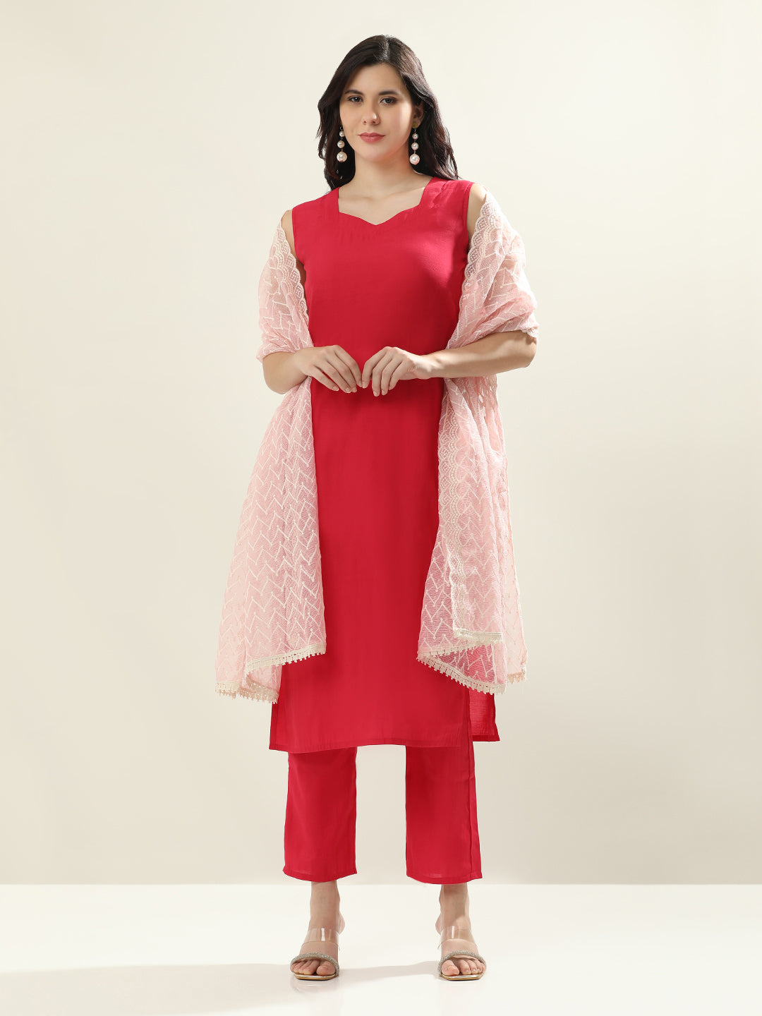 Solid Straight Silk Blend Straight Kurta & Trousers Sets