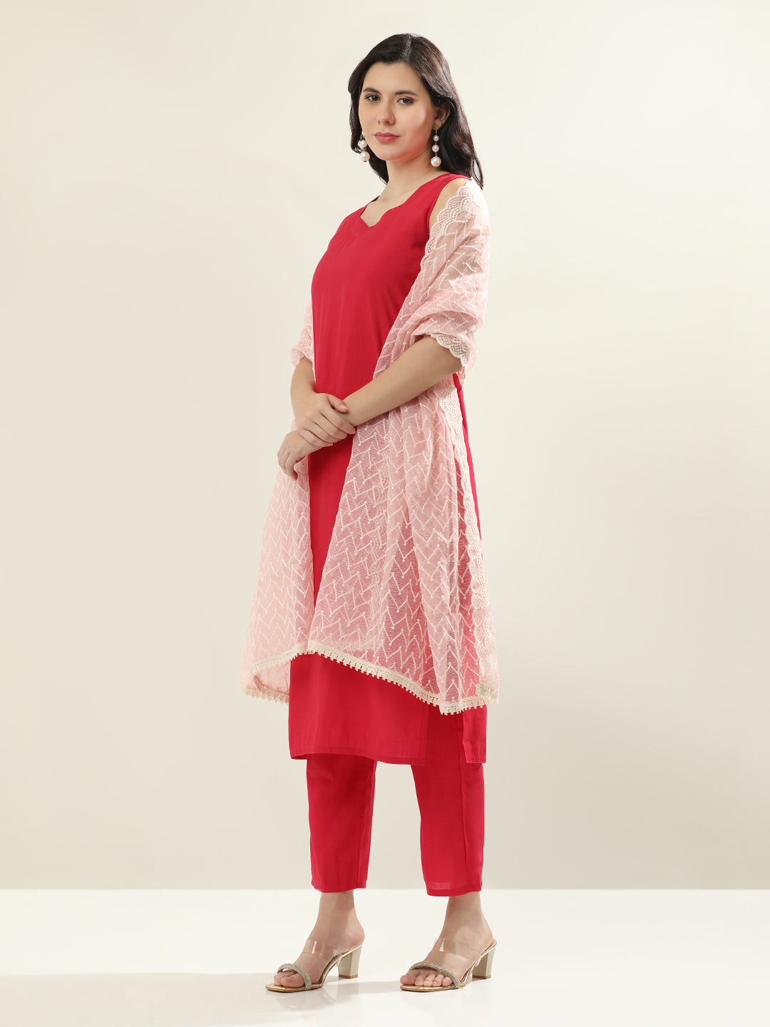 Solid Straight Silk Blend Straight Kurta & Trousers Sets