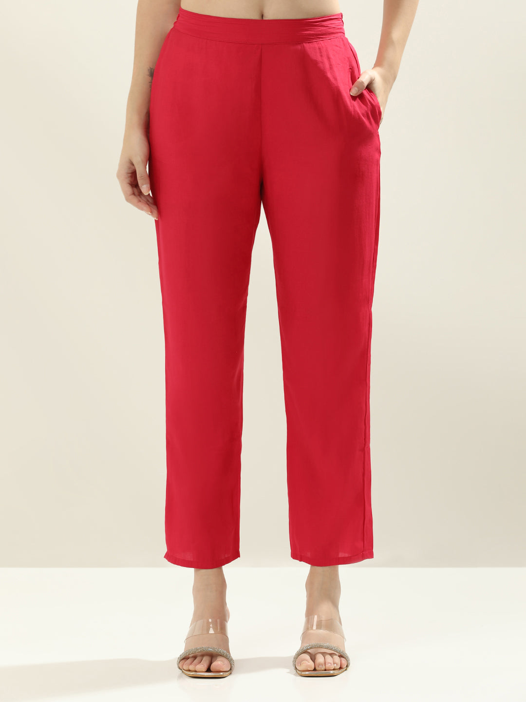 Solid Straight Silk Blend Straight Kurta & Trousers Sets