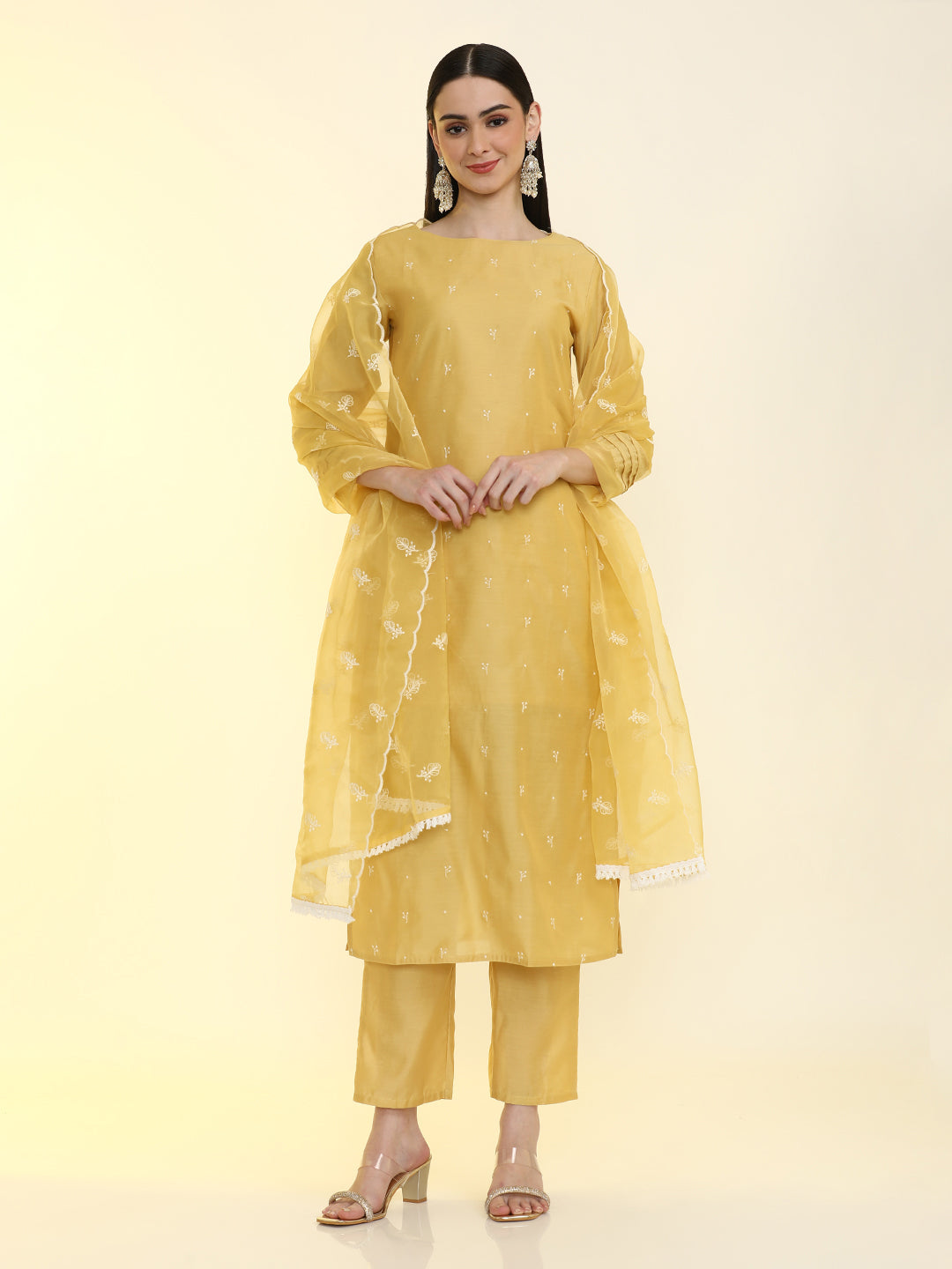 Floral Embroidered Silk Blend Straight Kurta & Trousers Sets