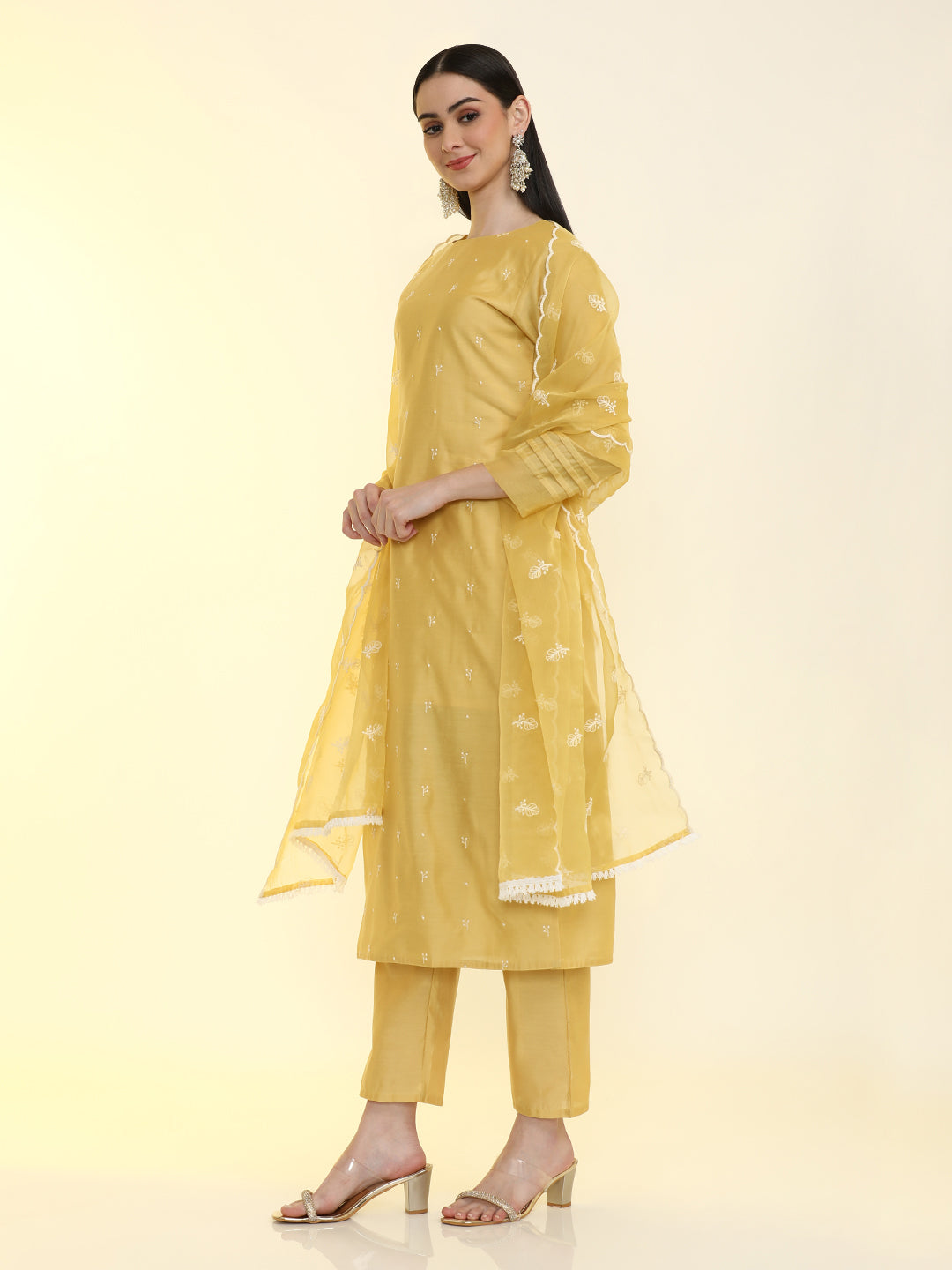 Floral Embroidered Silk Blend Straight Kurta & Trousers Sets