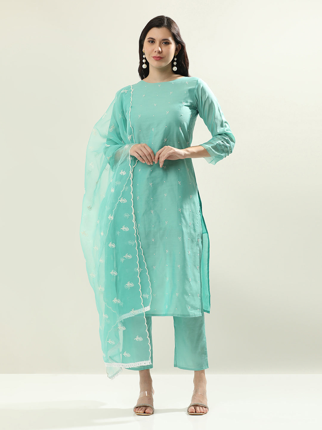 Floral Embroidered Silk Blend Straight Kurta & Trousers Sets
