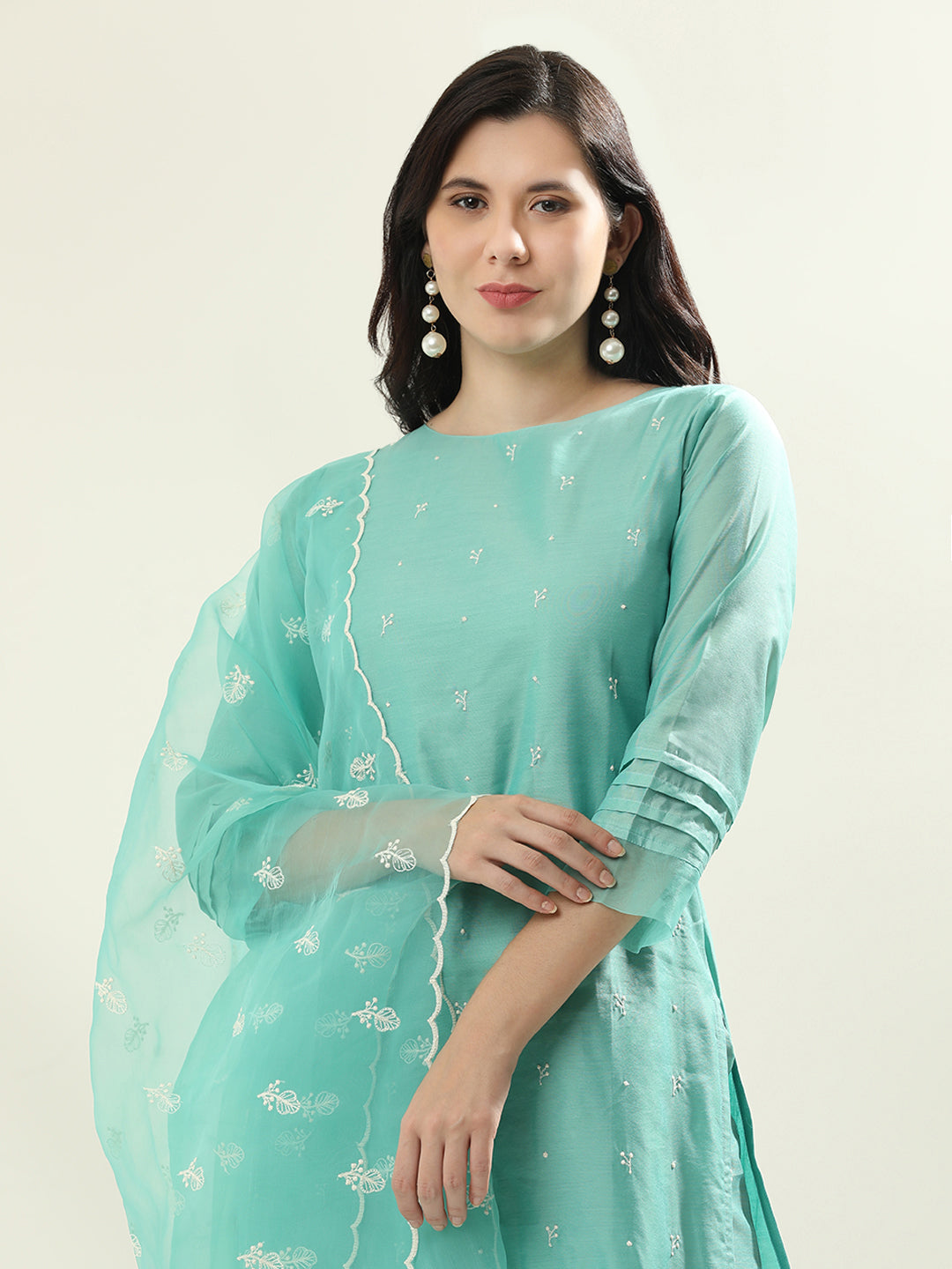 Floral Embroidered Silk Blend Straight Kurta & Trousers Sets