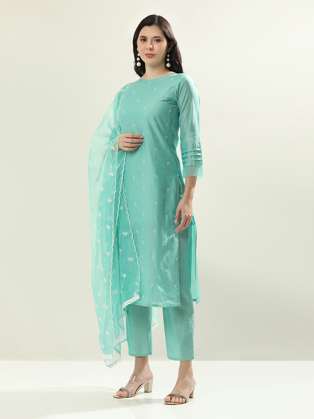 Floral Embroidered Silk Blend Straight Kurta & Trousers Sets