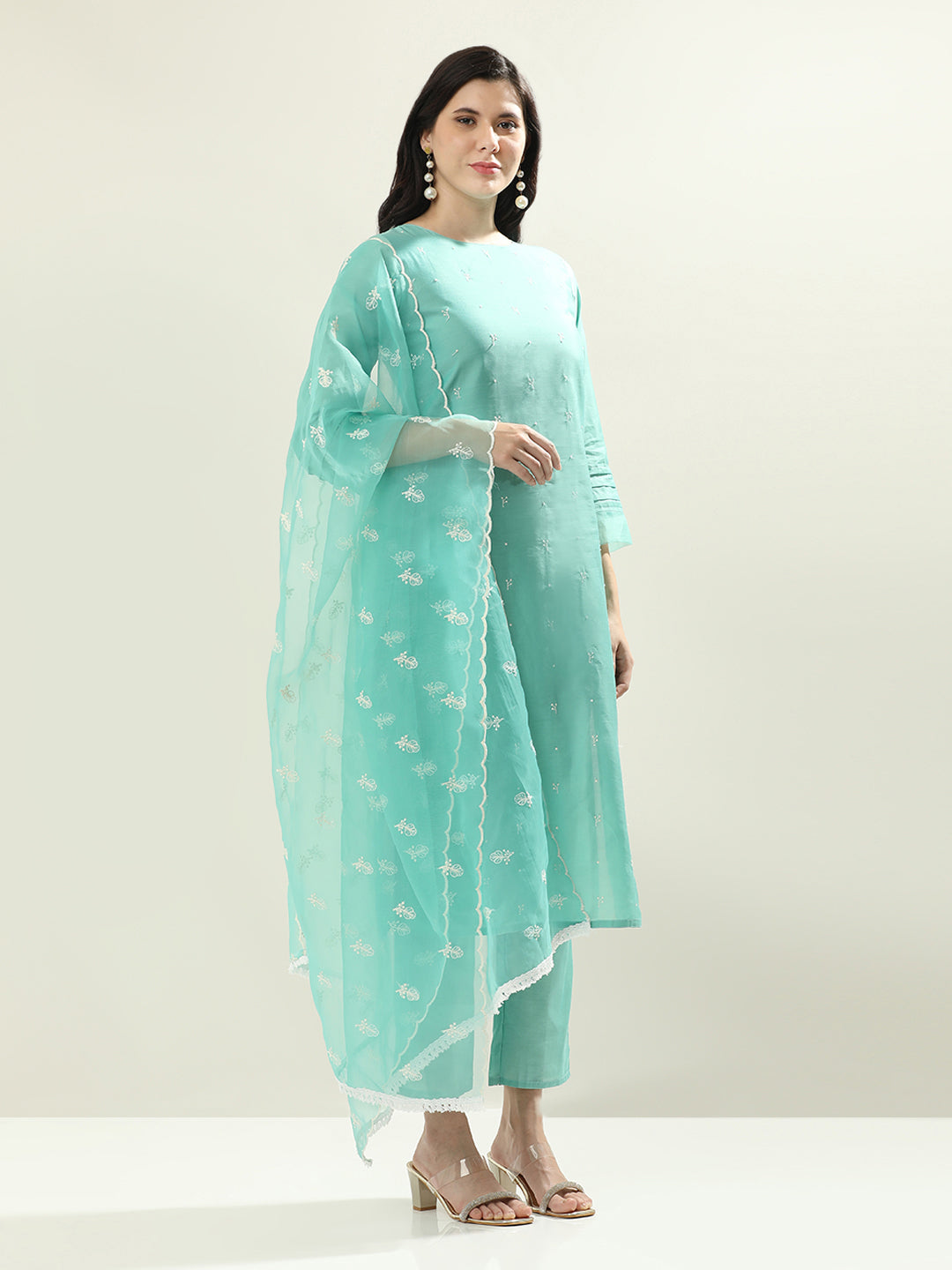 Floral Embroidered Silk Blend Straight Kurta & Trousers Sets