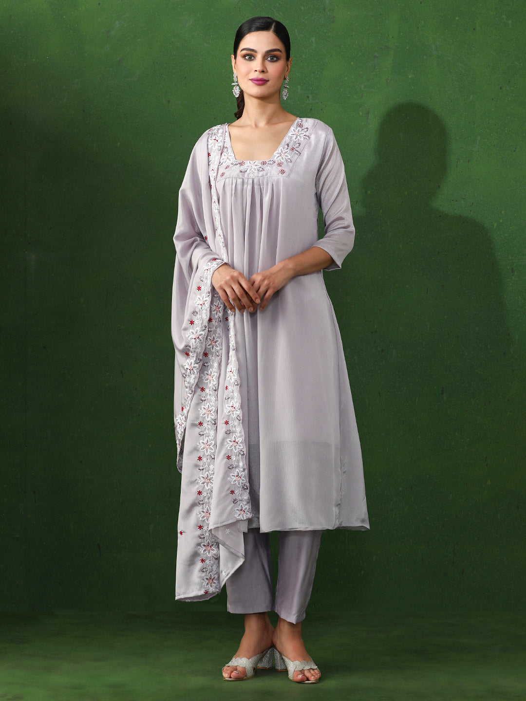 Floral Embroidered A-Line Chinon Kurta & Trousers Sets