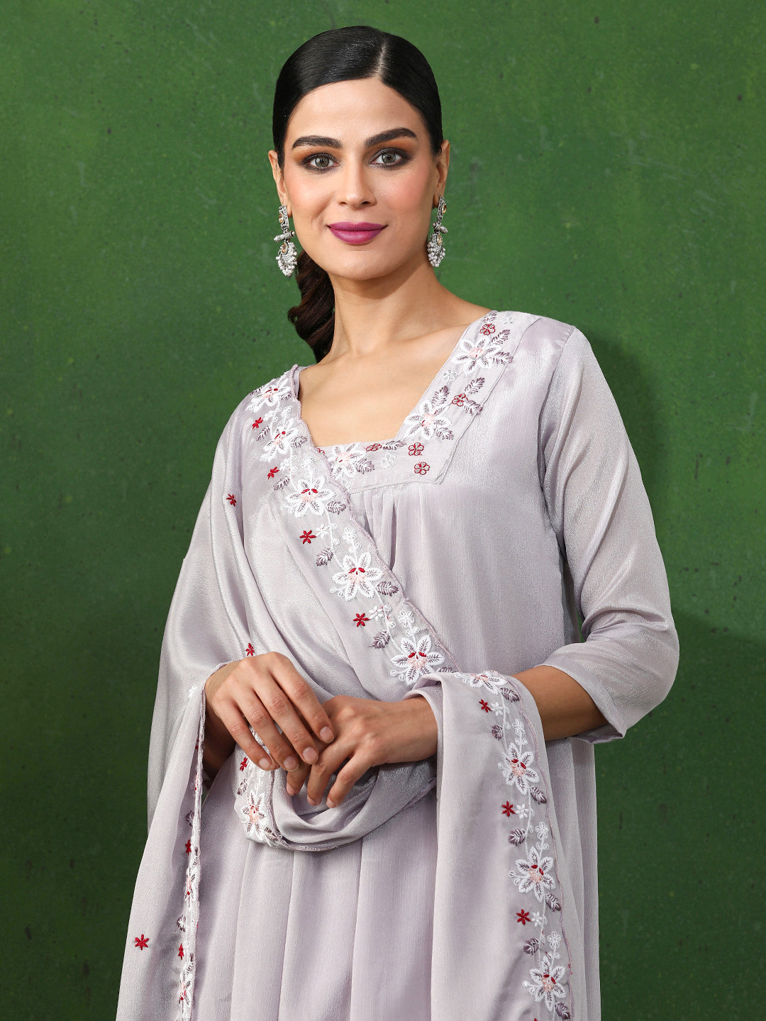 Floral Embroidered A-Line Chinon Kurta & Trousers Sets