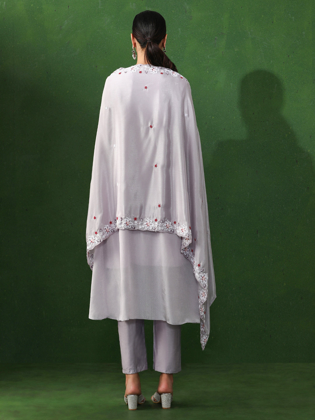 Floral Embroidered A-Line Chinon Kurta & Trousers Sets