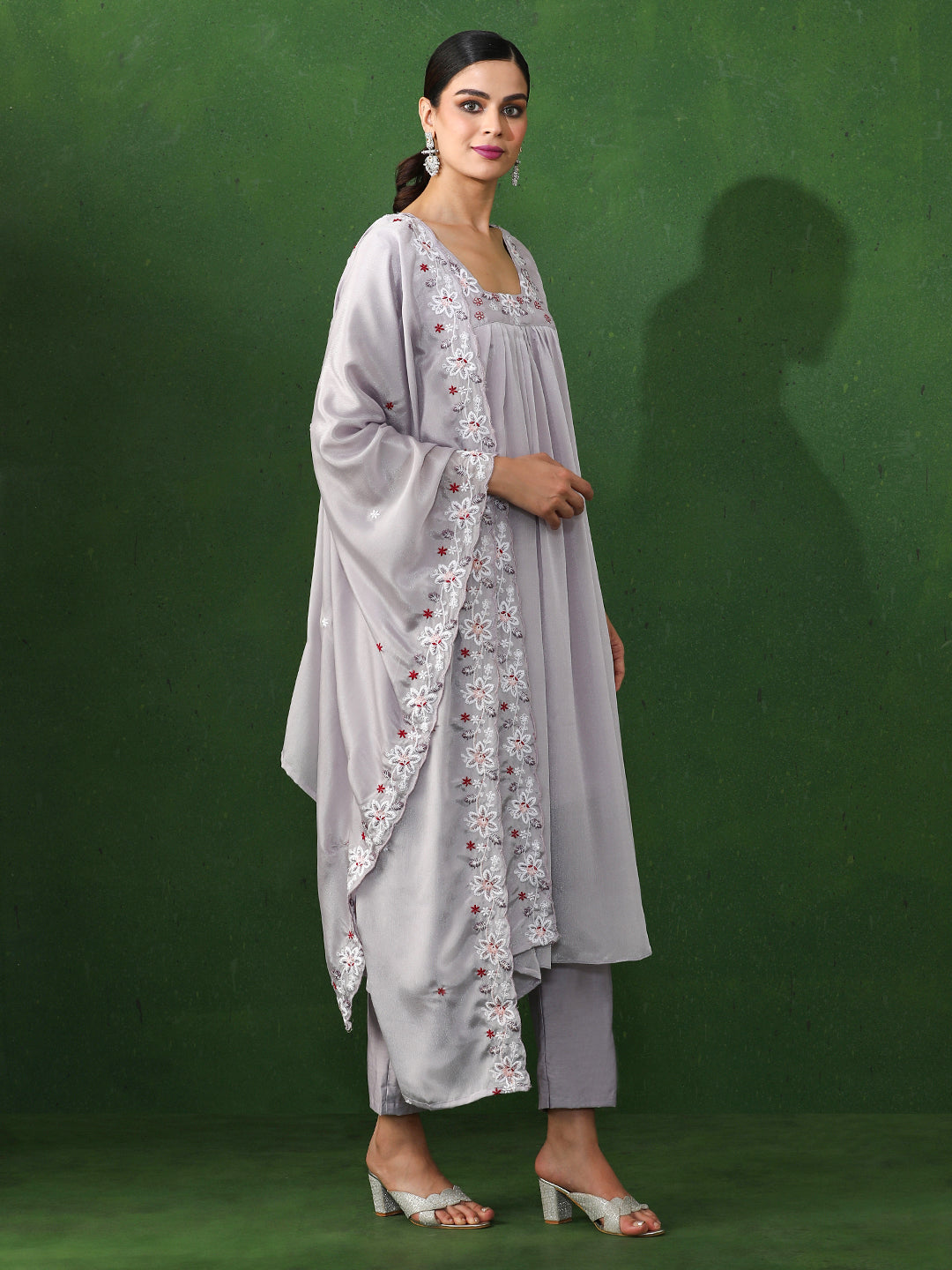 Floral Embroidered A-Line Chinon Kurta & Trousers Sets