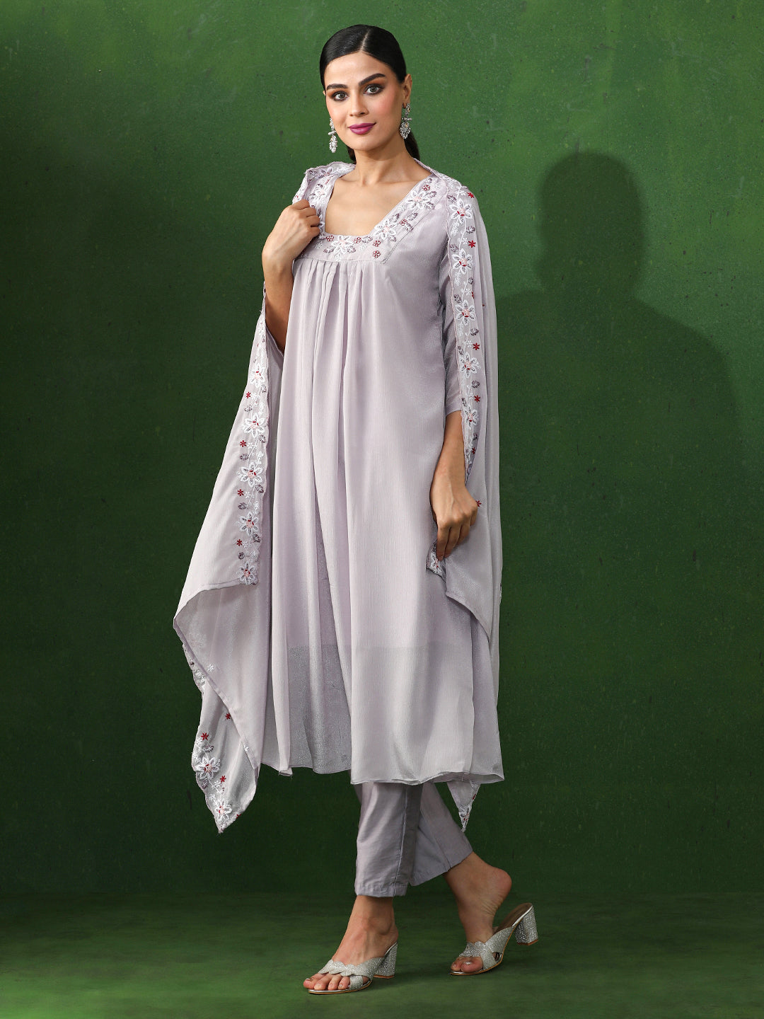 Floral Embroidered A-Line Chinon Kurta & Trousers Sets