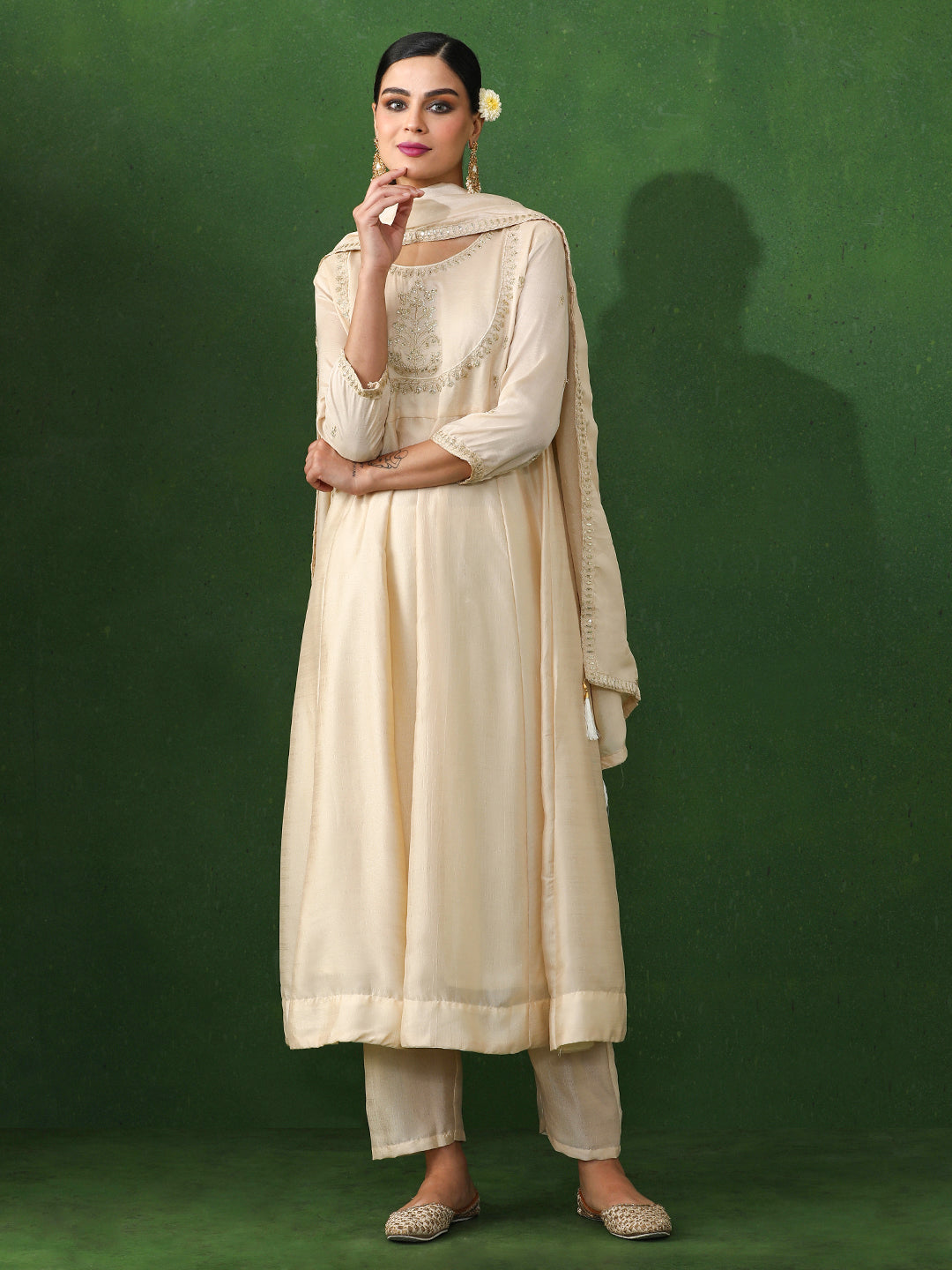 Floral Embroidered A-Line Silk Blend Kurta & Trousers Sets