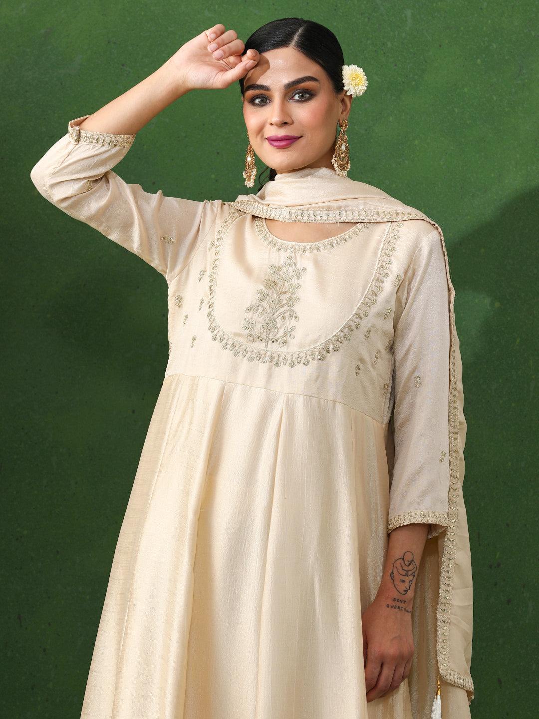 Floral Embroidered A-Line Silk Blend Kurta & Trousers Sets