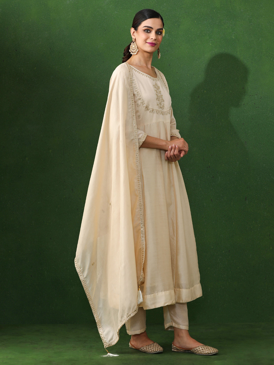 Floral Embroidered A-Line Silk Blend Kurta & Trousers Sets