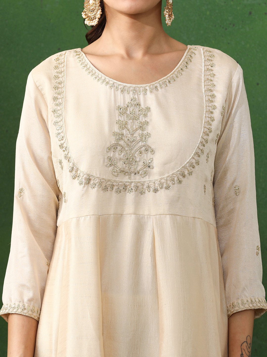 Floral Embroidered A-Line Silk Blend Kurta & Trousers Sets