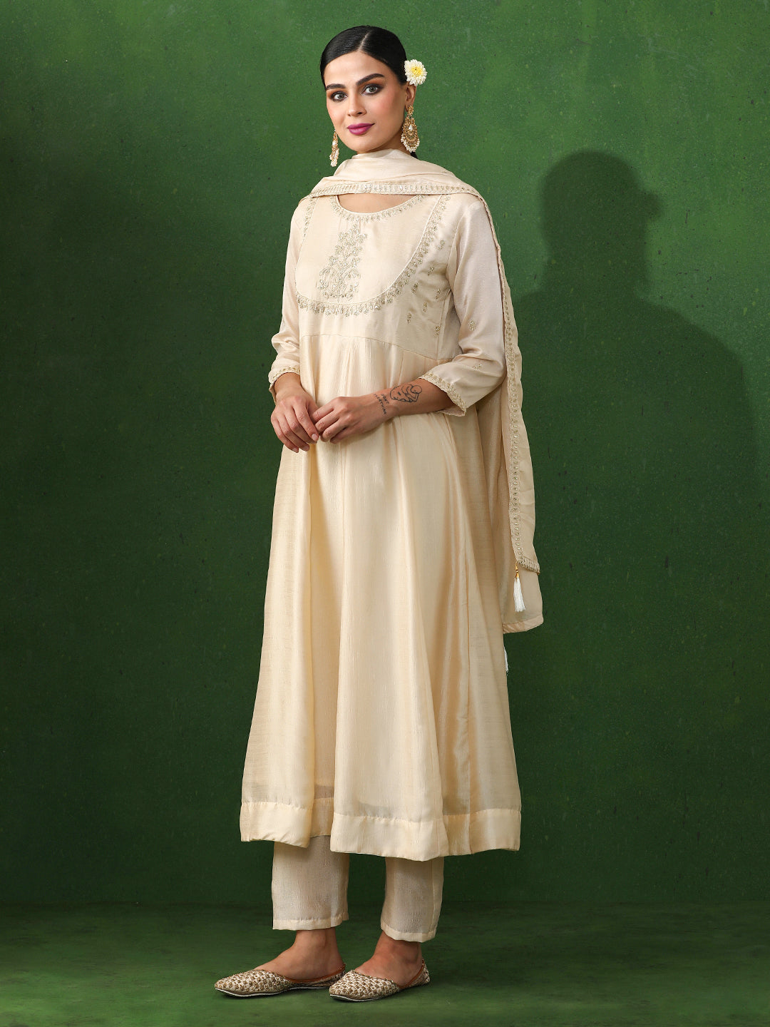 Floral Embroidered A-Line Silk Blend Kurta & Trousers Sets