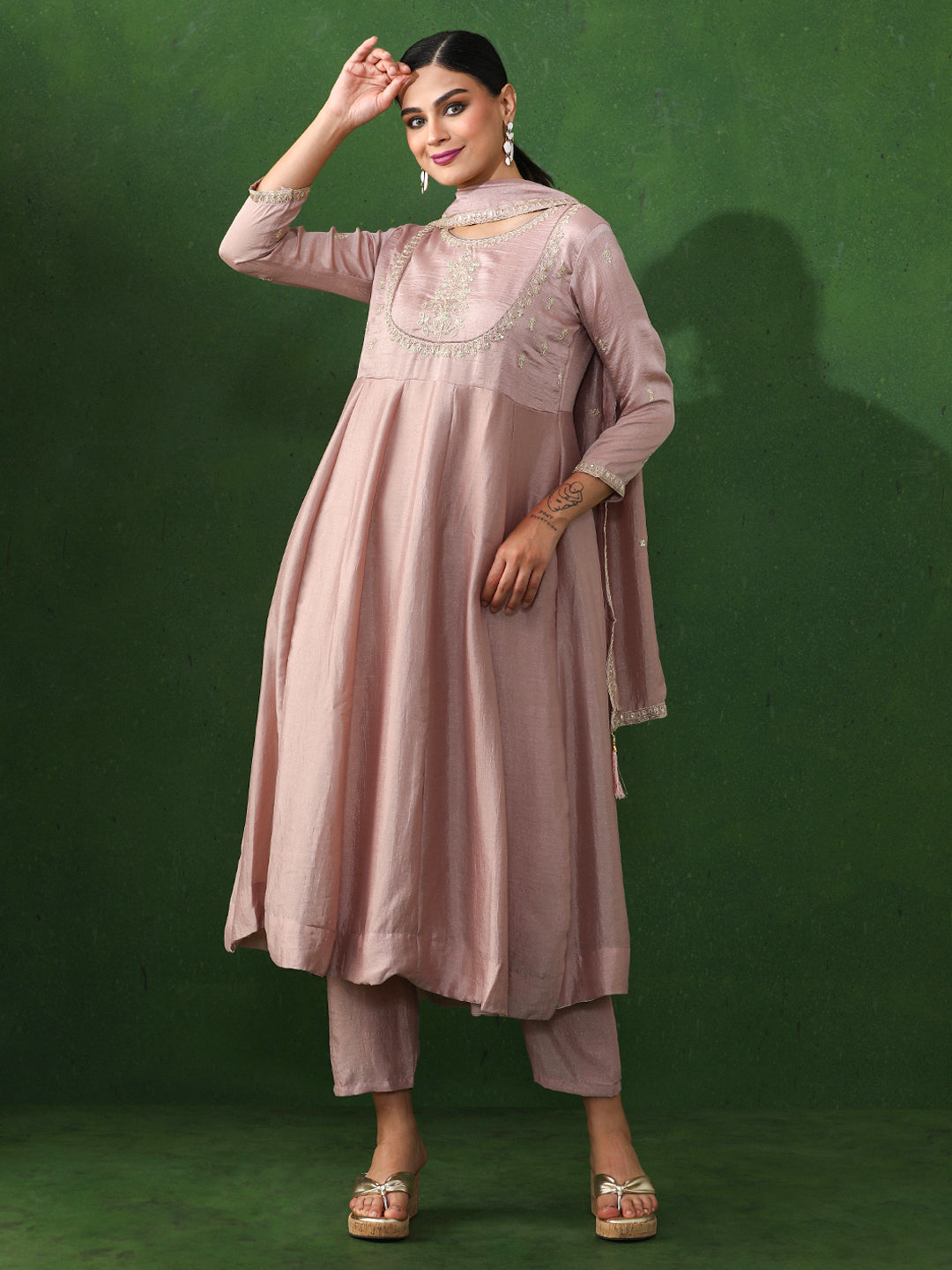 Floral Embroidered A-Line Silk Blend Kurta & Trousers Sets