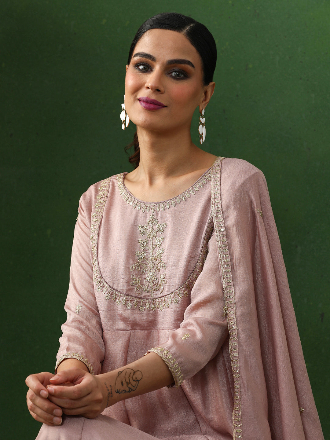 Floral Embroidered A-Line Silk Blend Kurta & Trousers Sets