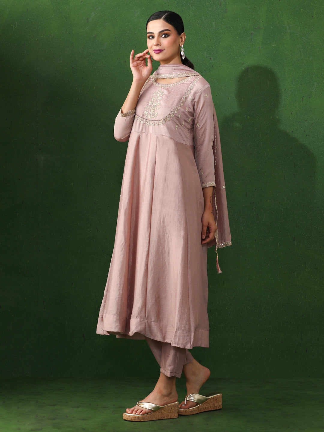 Floral Embroidered A-Line Silk Blend Kurta & Trousers Sets